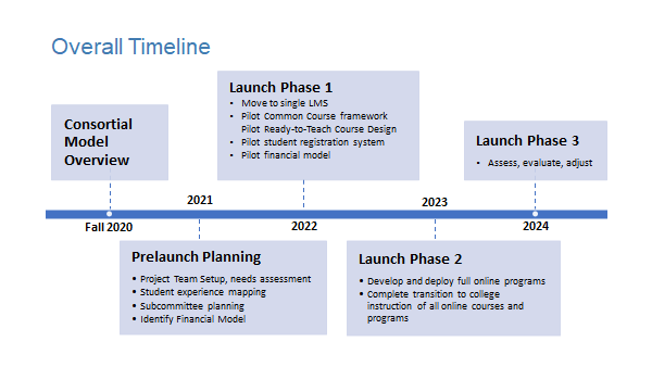 Screenshot of the overall timeline of the Colorado Online @ Strategic Plan Project, including prelaunch planning, launch phase 1, launch phase 2, and launch phase 3 from the span of Fall 2020 to 2024.